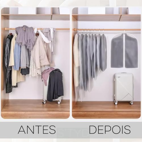 Kit 5 Capas Protetoras para Roupas com Zíper Transparente, 60x120cm, Impermeável e Anti Poeira, Ideal para Terno, Vestido, Casaco, Jaqueta e Organização de Guarda-Roupa