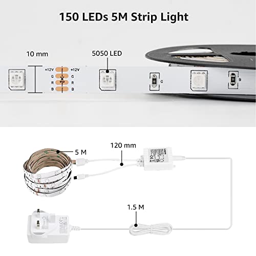 Lepro LED Strip Light 5M, RGB Colour Changing LED Lights with Remote, 150 Bright 5050 LEDs, Plug in Strip Lights for Bedroom Kitchen Kids Room Party Christmas