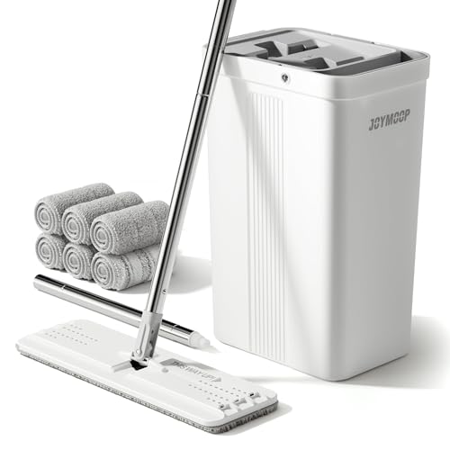 JOYMOOP Wischmopp und Eimer mit Auswringer-Set für Zuhause, weißes, flaches Quetsch-Mopp-Eimer-Set für Bodenreinigung, freihändiger Nass-Trockenmopp für Wände,