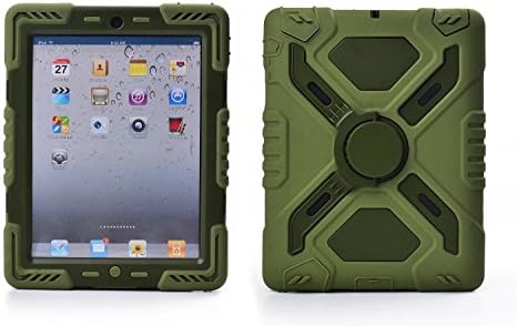 Ipad 2/3/4 Case (NOT FOR IPAD AIR) Plastic Kid Proof Extreme Duty Dual Protective Back Cover with Kickstand and Sticker for Ipad 4/3/2 - Rainproof Sandproof Dust-proof Shockproof (Olive/olive)