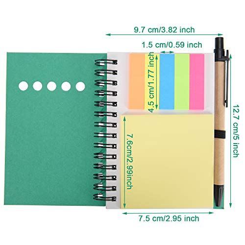 Maxdot 4 Pieces Kraft Paper Steno Pocket Business Notebook Spiral Lined Notepad Set with Pen in Holder, Sticky Colored Notes Page Marker Tabs (Green Cover)