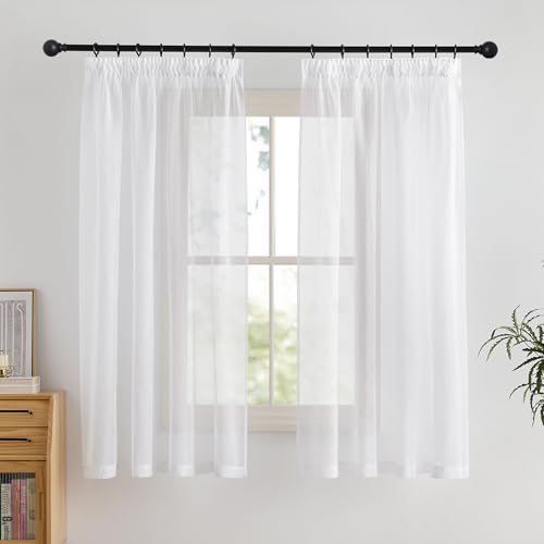 PONY DANCE White Transparent Short Curtains with Ruffle Tape, Set of 2, H 160 x W 140 cm, Living Room Curtains with Ruffle Tape, White Curtains, Linen Look, Transparent