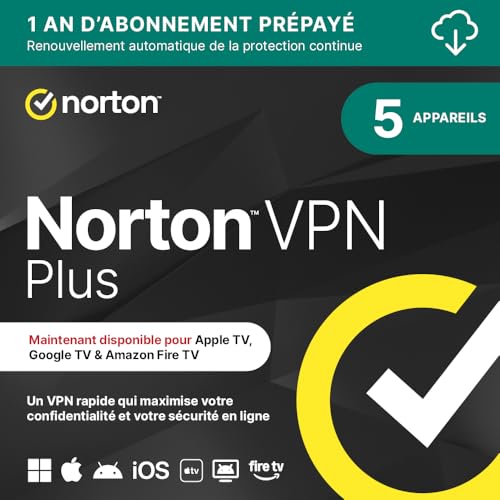 Norton VPN Plus 2026 │ 5 appareil │ 1 An d'abonnement avec renouvellement automatique │ Code d'activation - envoi par email
