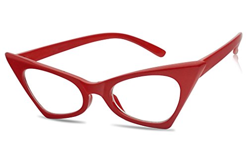 1950's Retro Vintage High Pointed Colorful Clear Lens Geometric Cat Eye Glasses Non-Prescription (Cherry Red, Clear)