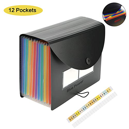 Expanding File Folders/BluePower 12 Pockets A4 Accordion File Organizer/Multicolor Portable Expanding File Boxï¼ŒHigh Capacity Plastic Accordian File Bag Wallet Briefcase with Colored Tab