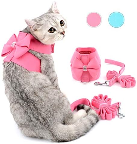 Zunea Pet Dog Vest Harness for Small Dog Girl Bow Tie No Pull Soft Suede Leather Puppy Harness Leash Set Adjustable Bling Rhinestone Cat Kittens Harnesses Escape Proof for Walking Running