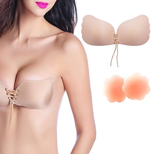 TinTop Push-up Bra Backless Silicone Strapless Bra Biological Gel Invisible Magic Bra Reusable Self Adhesive Bra With Drawstring For Womens (Beige)