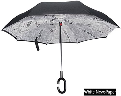 Inverted Umbrella, Layer Self-Standing Handsfree Windproof Reverse Folding Umbrella (White NewsPaper)