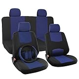 OxGord 17pc Set Flat Cloth Mesh Blue & Black Broken Stripe Seat Covers Set - Airbag Compatible - Front Low Back Buckets - 50/50 or 60/40 Rear Split Bench - 5 Head Rests - Universal Fit for Car, Truck, Suv, or Van - FREE Steering Wheel Cover