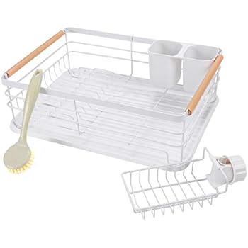 Eastore Life Dish Drying Rack with BONUS Scrub Brush & Sponge Caddy, White Dish Drainer with Drainboard and Separate Utensil Holder (16.3