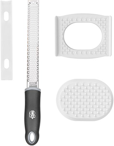 Stainless Steel Citrus Zester & Hand Safe Guard – Lemon, Orange & Lime Grater With Silicone Handle, Cover & A Finger Protector – Grate Cheese, Chocolate, Ginger, Garlic, Coconut, Onions & Potatoes