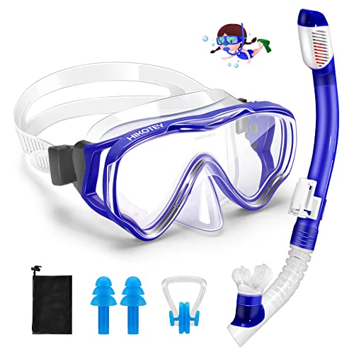 Kinder Schnorchelset, HIKOTEY Schnorchelmaske mit 2-Kanal Premium Dry Schnorchel, 180° Panorama Gehärtetem Glas Anti-Leck Schnorchelbrillen für Junge