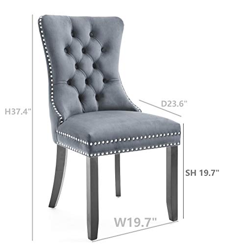 Rhomtree Velvet Fabric Dining Chairs Luxury Tufted Back with Nailed Trim and Back Ring Pull Home Kitchen Dining Room Chairs Armless Side Chairs Solid Rubber Wood Legs, Set of 2 (Grey)