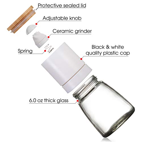Traycon Salt And Pepper Grinder Set (2 Pc.), Black And White Cap With Wooden Lid, Glass Base/Kitchen, Dining Room Accessory/For Spices, Himalayan Pink Salt, Peppercorn/With Bonus Wooden Stand