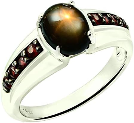 2.33 Carats Natural Black Star Sapphire with Crimson-Red Sapphire Rhodium-Plated Sterling Silver Ring