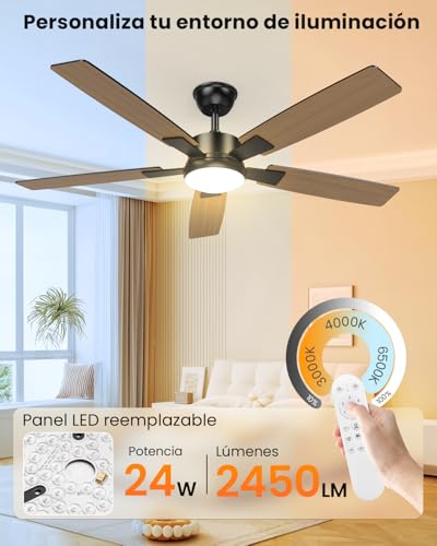 Airwit Ventilador de Techo 52 Pulgadas, Abanicos de Techo de 5 Aspas con Luz y Control Remoto, Motor Silencioso Reversible, Negro