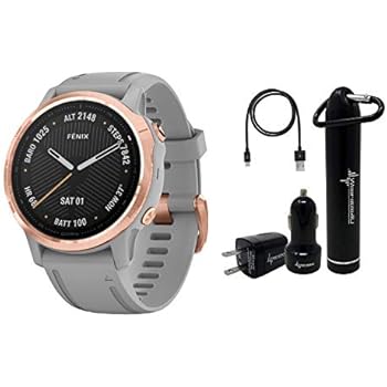 Garmin Fenix 6S Smaller-Sized Multisport GPS Watch with Wrist-Based Heart Rate Pulse Ox and Wearable4U Ultimate Power Bundle (Sapphire/Rose Gold-Tone with Powder Gray Band)