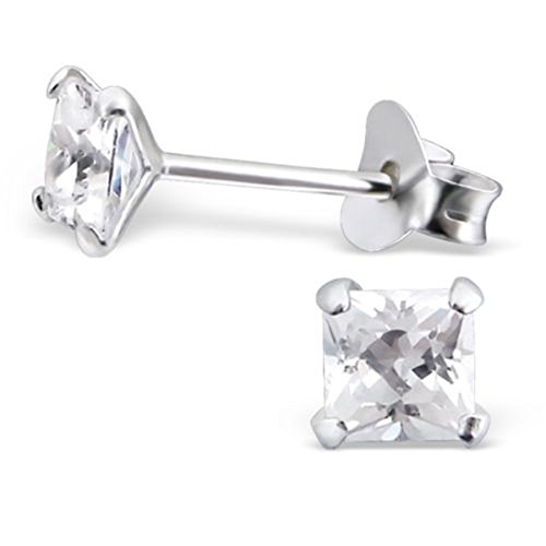 DTPSilver - 925 Sterling Silver Studs Earrings with Square Cubic Zirconia - 4 mm