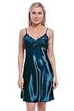 BellisMira Women’s Satin Lace Full Slip Chemise Silk Nightgown Sleepwear Acid Blue, M