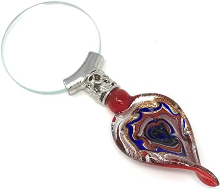 Art Glass Magnifier with Curved Heart Shaped Handle - Red Blue Silver Gold Swirl - 5.25L