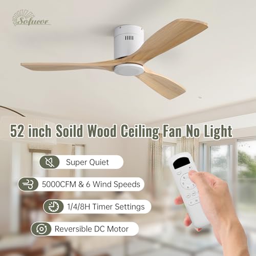 Sofucor 132 cm Solid Wood Ceiling Fan, 6 Speed, Control, Timer, DC Motor, Silent Ceiling Fan for Bedroom Living Room