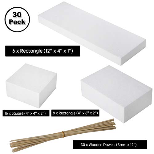 30 Pack Foam Blocks -Rectangle & Square Foam Blocks- Styrofoam Blocks -Floral Foam -Craft Foam- for Craft, Modeling, Sculpture, DIY Arts and Crafts, Flower Foam -Foam Squares- Foam Rectangle -3 Sizes