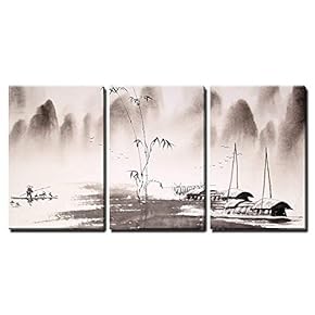3 Piece Canvas Wall Art - Chinese Landscape Ink Painting - Modern Home Art Stretched and Framed Ready to Hang - 16"x24"x3 Panels