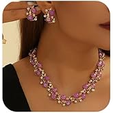 Jnncocier Fashion Bride Pink Blue Purple Faux Pearls Crystal leaf Bridal Wedding Necklace Earrings Jewelry Set Crystal Wedding Jewelry Set Christmas Halloween Rhinestone Choker Necklace Earrings for Women