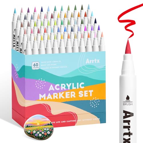 Arrtx 60 Farben Acrylstifte, Acrylmarker für Steine Wasserfest, Graffiti Acrylmalstifte Pinsel Spitze für Malerei, Zeichnen, Landschaft, Steinmalerei,