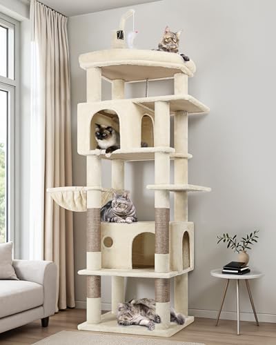 Globlazer Beige Cat Tree Large 188 cm Height with 2 Kennels, Large Padded Platform, Soft Basket, Plush Toys, Solid Cat Trees for 3-4 Adult Cats Rest Game Scratching (F74B, Beige)