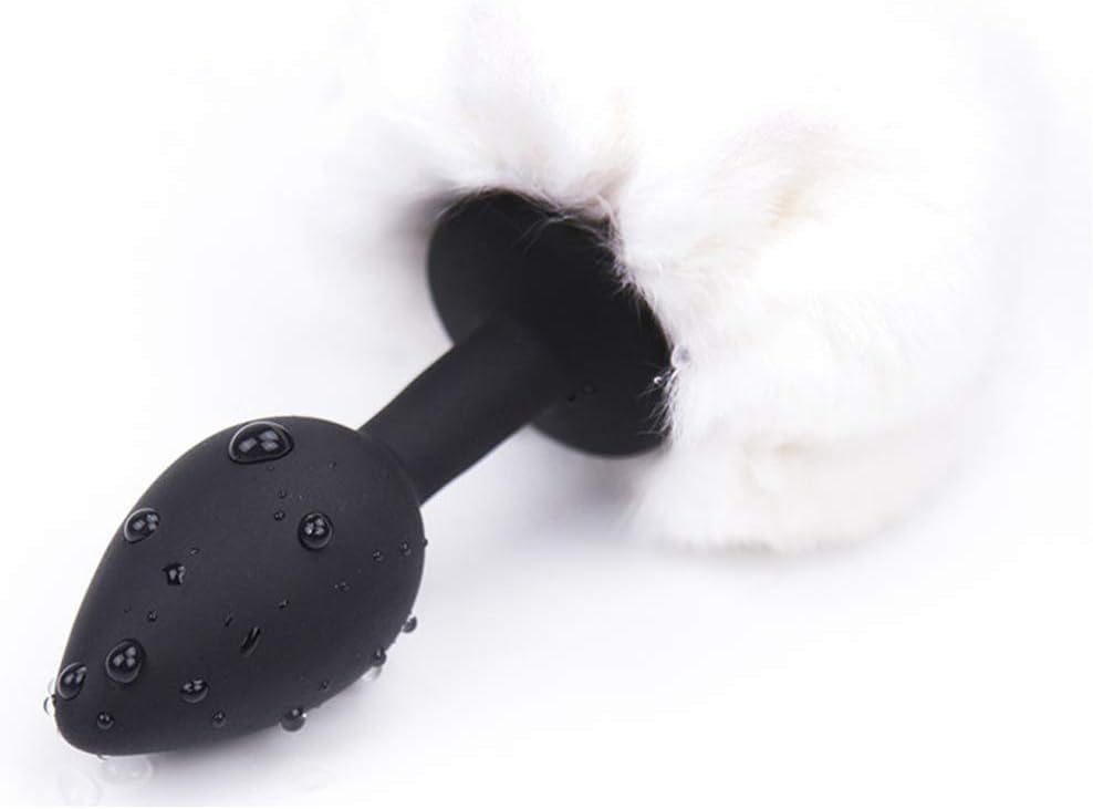 LvBo Genuine Rabbit Tail Silicone Fun Plug Romance Games Play Party Toy White-Black