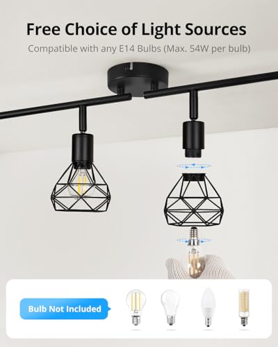 Gr4tec Spot Lights Ceiling 4 Way, Retro Kitchen Lights Ceiling E14, Black Ceiling Light Fittings, Adjustable Wire Cage Spotlights Bar for Hallway Bedroom Living Room, Bulb Not Included