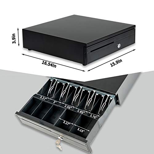 Nurxiovo Cash Register 16" Drawer Box 5Bill/5Coin Portable Money Lock Storage with Removable Tray, RJ11/RJ12 Interface Works Compatible Epson POS Printers Cash Box (Black)
