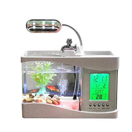 ALZERO USB Desktop Aquarium Fish Tank, Mini Fish Small Fry Tank Aquarium with LED Clock for Office Home Decor (White)