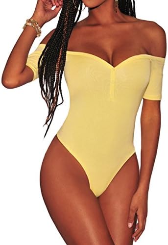 SlowTime Women Off Shoulder Short Sleeve Button Bodycon Stretchy Leotard Bodysuit Jumpsuits