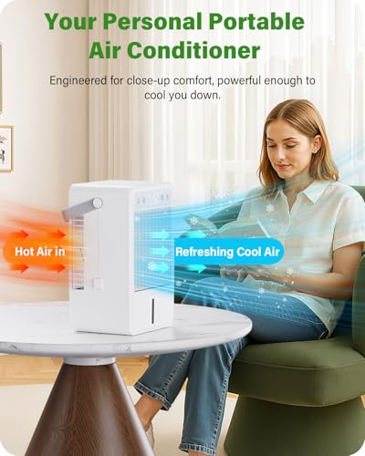 Portable Air Conditioner 1500ML, Evaporative Air Cooler with 2 Spray Modes & 4μm Fine Mist, Remote Control, Quiet Air Conditioner 5 Wind Speeds, Auto-off Timer, 7 LED Lights for Bedroom Office Travel