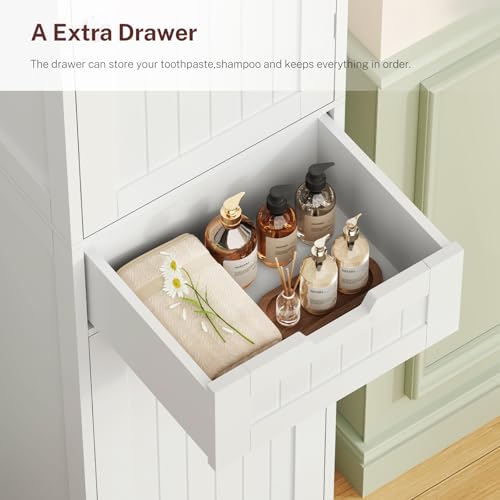 FIONESO 67" Tall Bathroom Cabinet, Storage Cabinet with Drawer & 2 Adjustable Shelves, Bathroom Storage Cabinet with 2 Doors, Floor Cabinet for Living Room, Bathroom, Home Office, Entryway, White