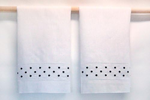 White Hemstitched and Embroidered Hand Towels with Black Dotted Border (set of 2)