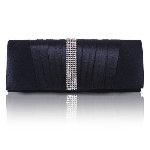 Damara Womens Pleated Satin Crystal Fashion Clutch Evening Bag, Navy Blue, Large