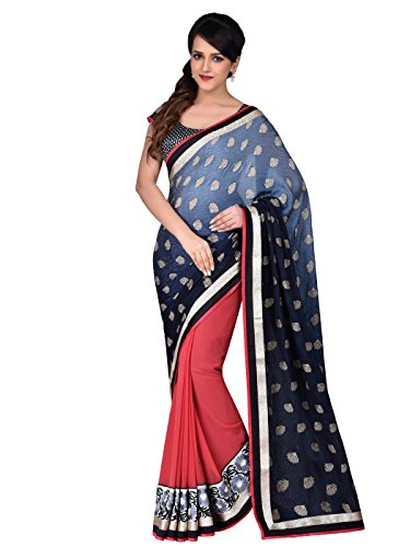 Shonaya Women's Embroidered Georgette Blue Half & Half Saree With Unstitched Blouse Piece