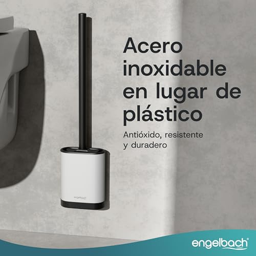 Engelbach® Silicone Toilet Brush with Stainless Steel Handle and Holder – Antibacterial Wall Mounted Toilet Brush without Drill – Toilet Brush with Replacement Head – White