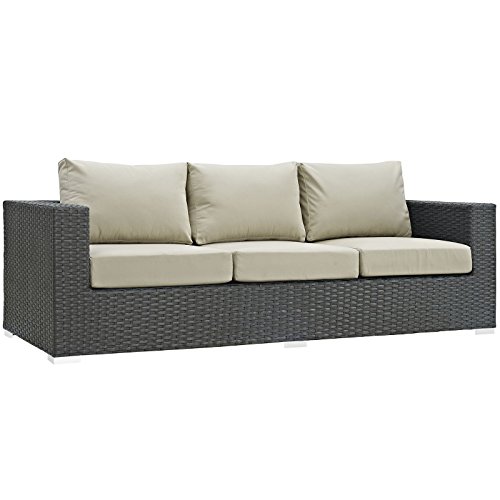 Modway Sojourn Outdoor Patio Rattan Sofa With Sunbrella Brand Antique Beige Canvas Cushions