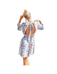 Epomay - Vestido de verano para mujer, espalda abierta, floral, estampado, manga de campana, longitud de rodilla, swing, mini vestido azul sin espalda