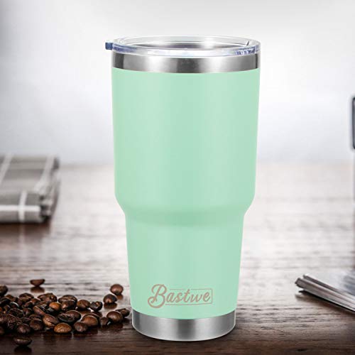 4 Pack 30oz Vacuum Insulated Tumblers, Bastwe Double Wall Stainless Steel Travel Tumblers with Lids and Straws for Home, Office, School, Works Great for Ice Drink, Hot Beverage (Seafoam + Gray)