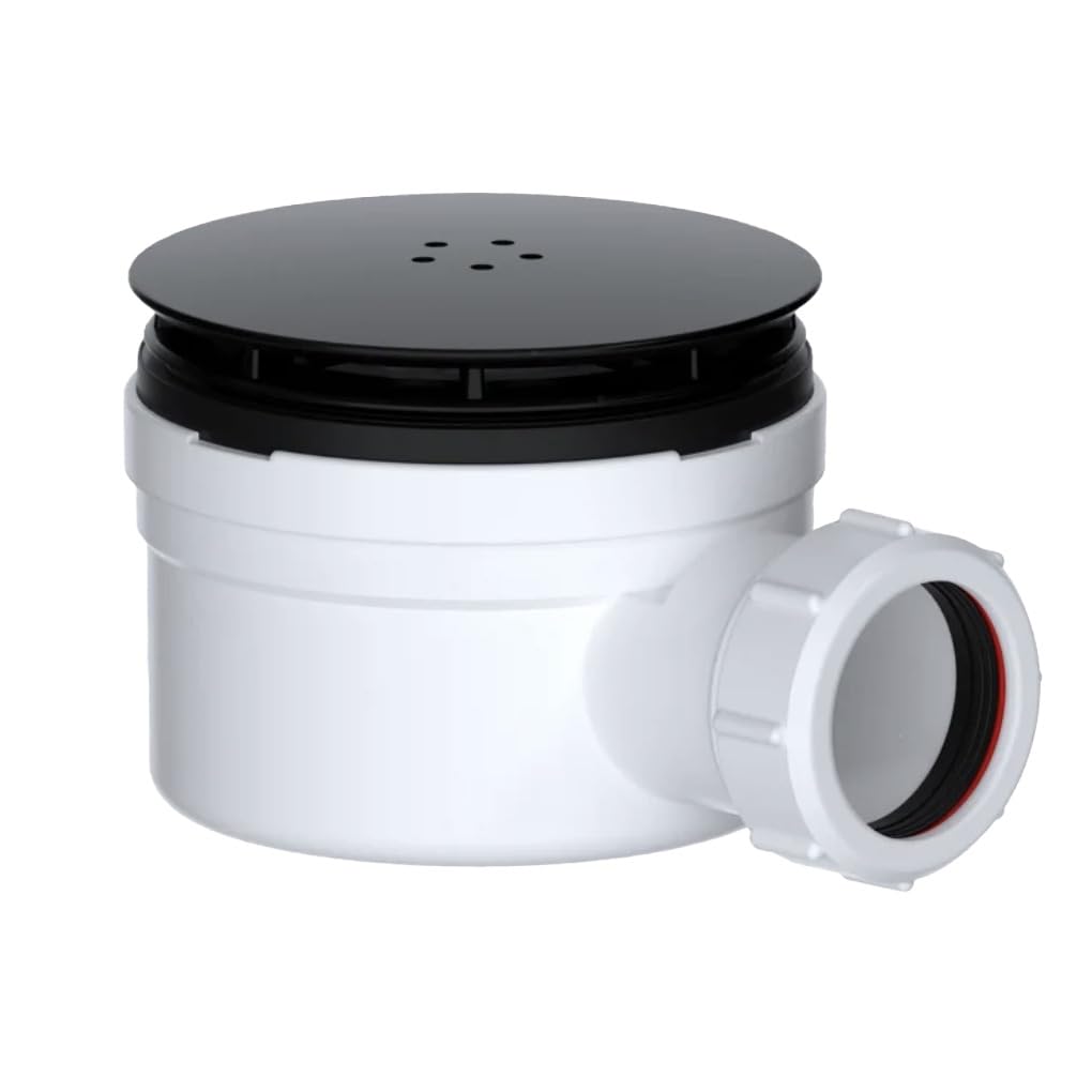 PlumbEZ Universal Outlet Shower Trap - 90mm Shower Drain, Easy to Clean Shower Waste, High Flow 30 L/Min - 1.1/2" (40mm Outlet). (Black)