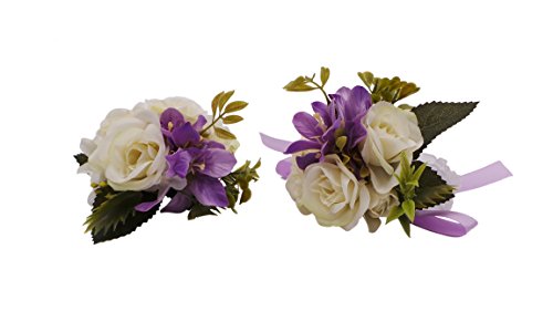 Abbie Home Wedding Wrist Corsage Brooch Boutonniere Set Party Prom Hand Flower Décor-White&Lavender (White)