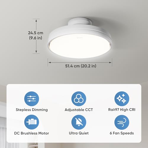 GONEO Bladeless Fan with Light for Low Profile Install,Ultra Quiet 25dB,60W | Nature Wind,CRI 90,Anti-glare ,Remote Control With 6 Fan Speeds,Timer,3000-5700K Color Temperature Dimmable,Ceiling Fan light