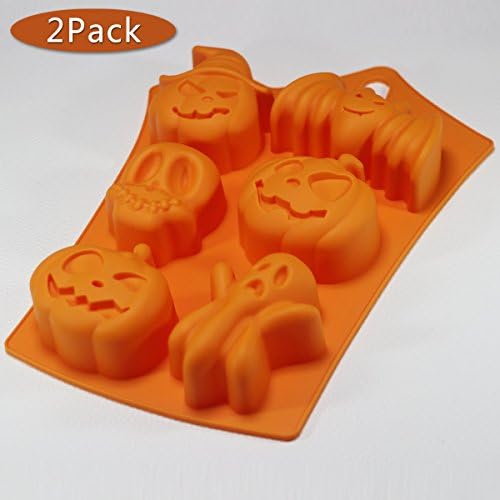 Halloween Candy Molds Silica Gel Ice Cube Molds Pumpkin,Bat,Skull,Ghost 6 Lattice Orange 2 Pcs