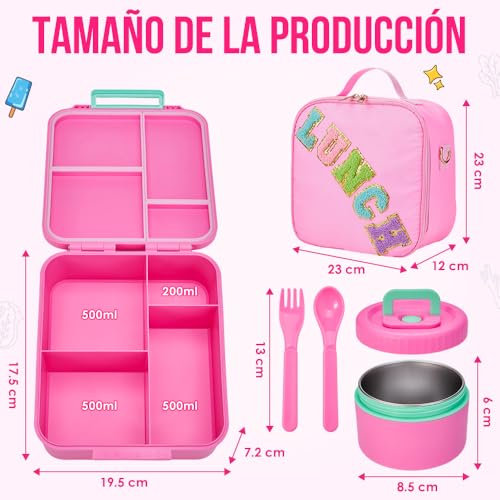 Nasjac Lonchera Bento Box para Niños Y Niñas, Caja Charolas Bento 2000ML de 4 Divisiones con Termo de Sopa, Bolsa de Almuerzo Termica para Niños Portátil con Cuchara Tenedor Bolsa Aislante
