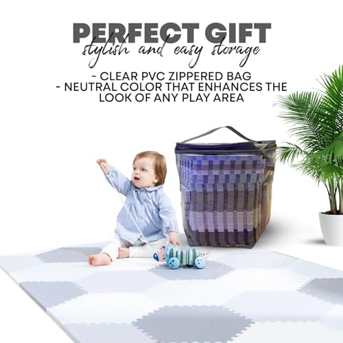 Baby Play Mat - Non-Toxic Extra-Thick Kid's Puzzle Exercise Activity Mat - Soft EVA Foam Interlocking Hexagon Floor Tiles, Grey & White, 48” x 72”